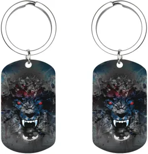 Angry Wolf Flaming Head Stainless Steel Keychain Charms Rectangular Bag Decorative Accessories Creative Jewelry Gift