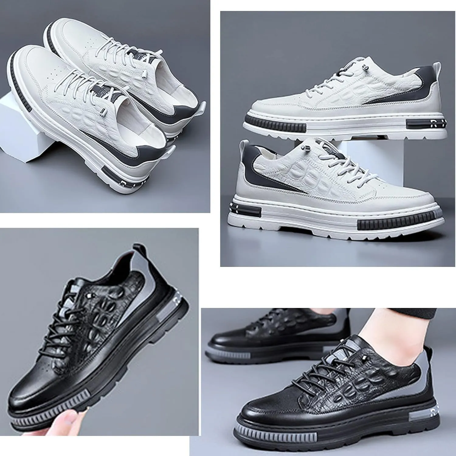 AngryMonkey Men's Slip On Leather Sneakers Non Slip Casual Fashion Height Increasing Cowhide Crocodile Print Sneakers