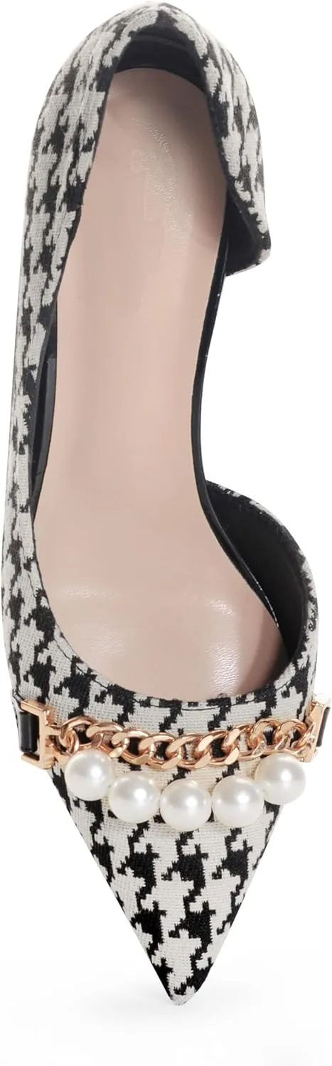 ANN CREEK Women's High Stiletto Heels Dressy Pumps for Women Houndstooth Pattern Design with Pearl Chain Pointed Toe Black Heels Work