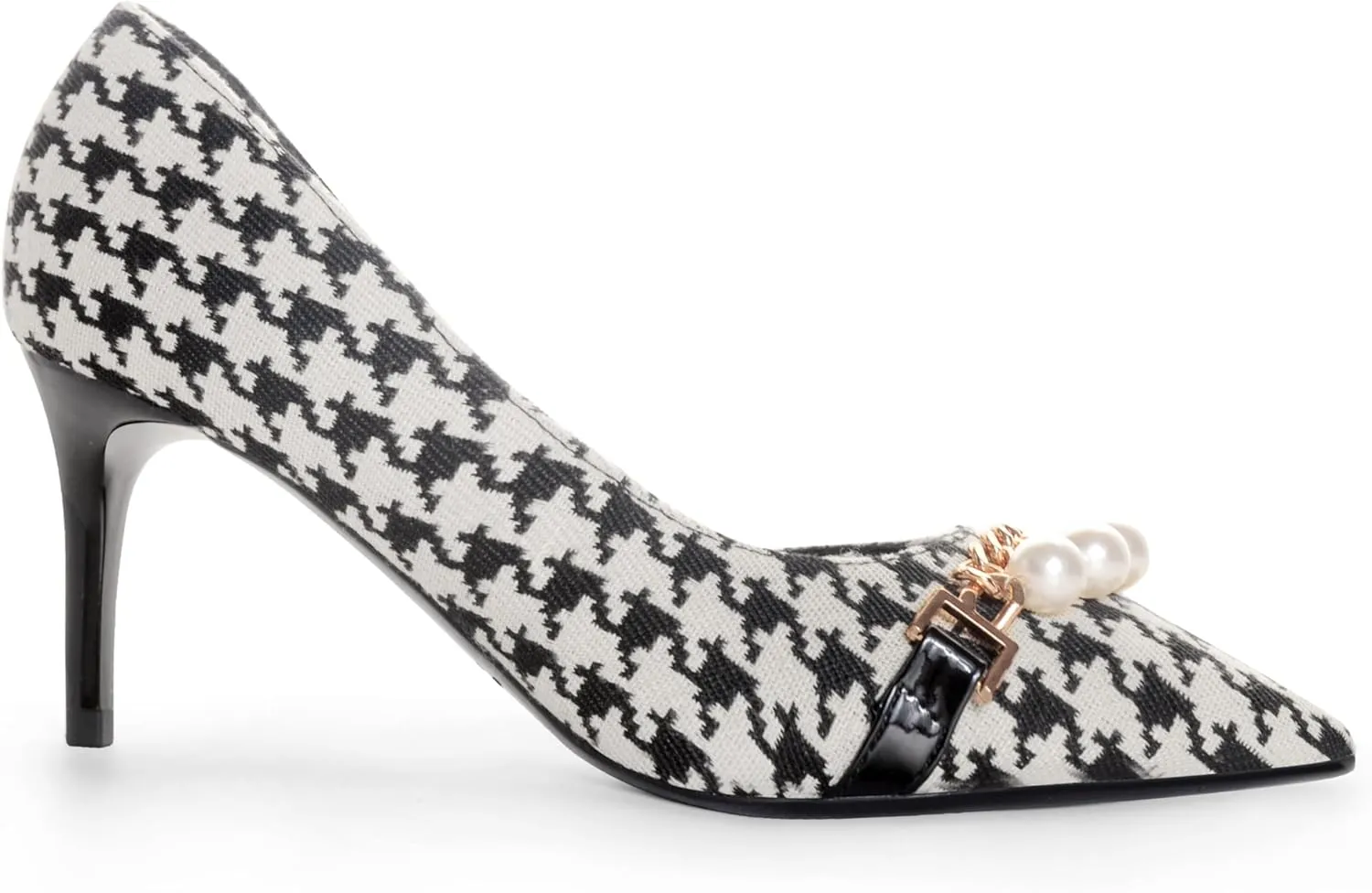 ANN CREEK Women's High Stiletto Heels Dressy Pumps for Women Houndstooth Pattern Design with Pearl Chain Pointed Toe Black Heels Work