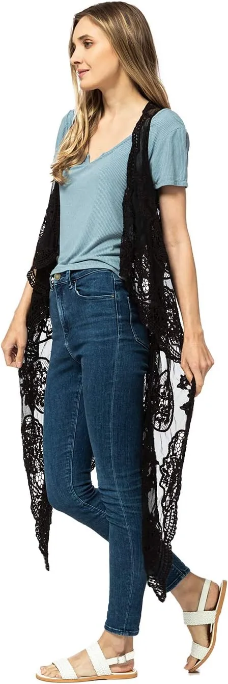 Anna-Kaci Vintage Floral Bohemian Sleeveless Mesh Lace Crochet Embroidery Beach Top Cardigan Vest,