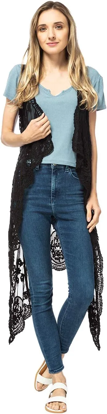 Anna-Kaci Vintage Floral Bohemian Sleeveless Mesh Lace Crochet Embroidery Beach Top Cardigan Vest,