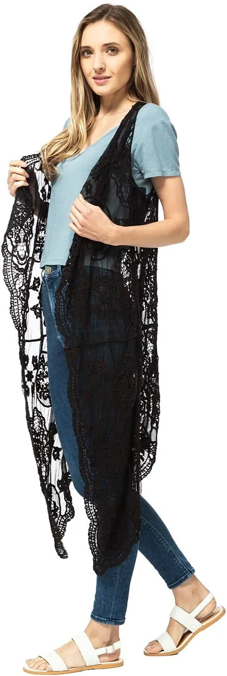 Anna-Kaci Vintage Floral Bohemian Sleeveless Mesh Lace Crochet Embroidery Beach Top Cardigan Vest,