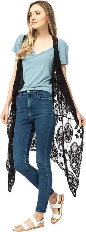 Anna-Kaci Vintage Floral Bohemian Sleeveless Mesh Lace Crochet Embroidery Beach Top Cardigan Vest,