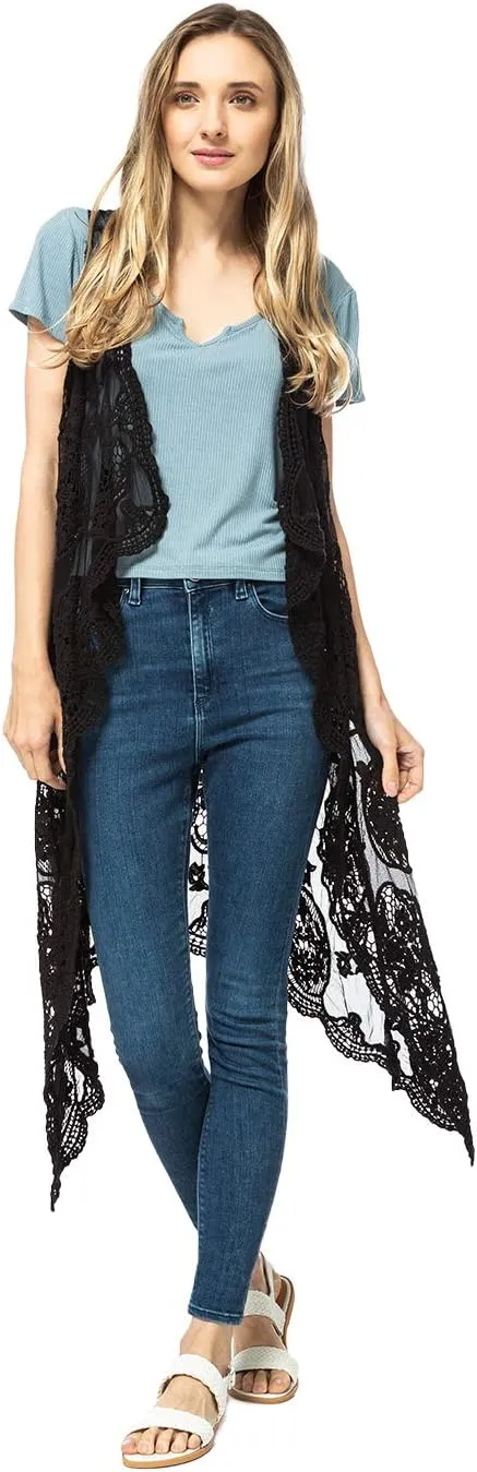 Anna-Kaci Vintage Floral Bohemian Sleeveless Mesh Lace Crochet Embroidery Beach Top Cardigan Vest,