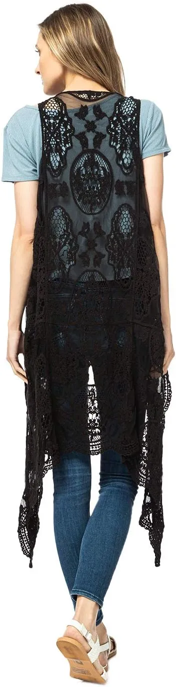 Anna-Kaci Vintage Floral Bohemian Sleeveless Mesh Lace Crochet Embroidery Beach Top Cardigan Vest,