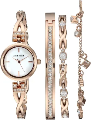 Anne Klein Women's Premium Crystal Accented Silver-Tone Watch and Bracelet Set