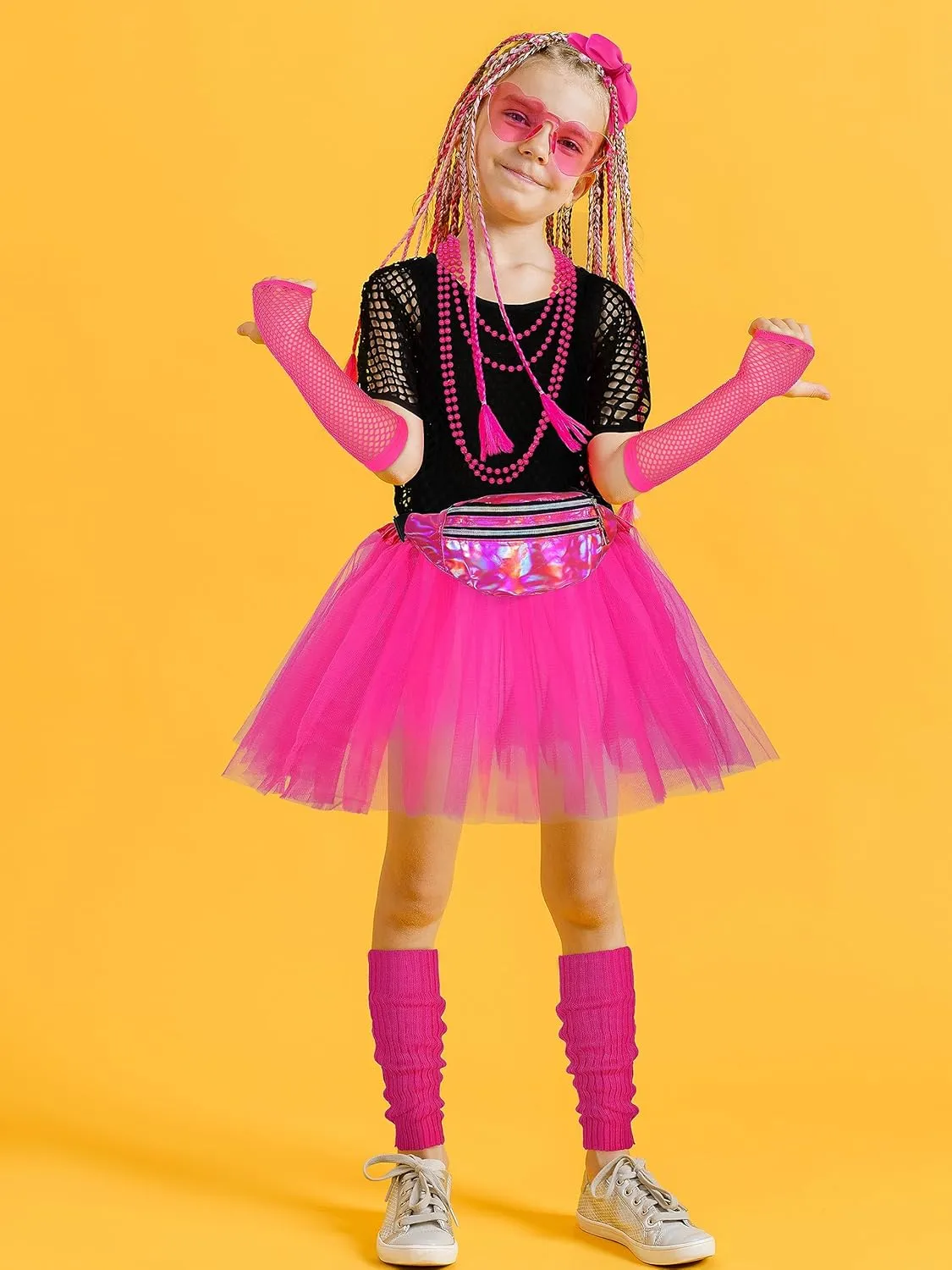 AOTHSO 14 Pieces Girls 80s Outfit Accessories Set Halloween Girls 80s Clothes Costume for Cosplay 1980s Party for Kids