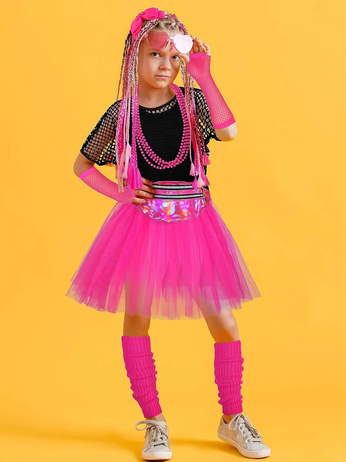 AOTHSO 14 Pieces Girls 80s Outfit Accessories Set Halloween Girls 80s Clothes Costume for Cosplay 1980s Party for Kids