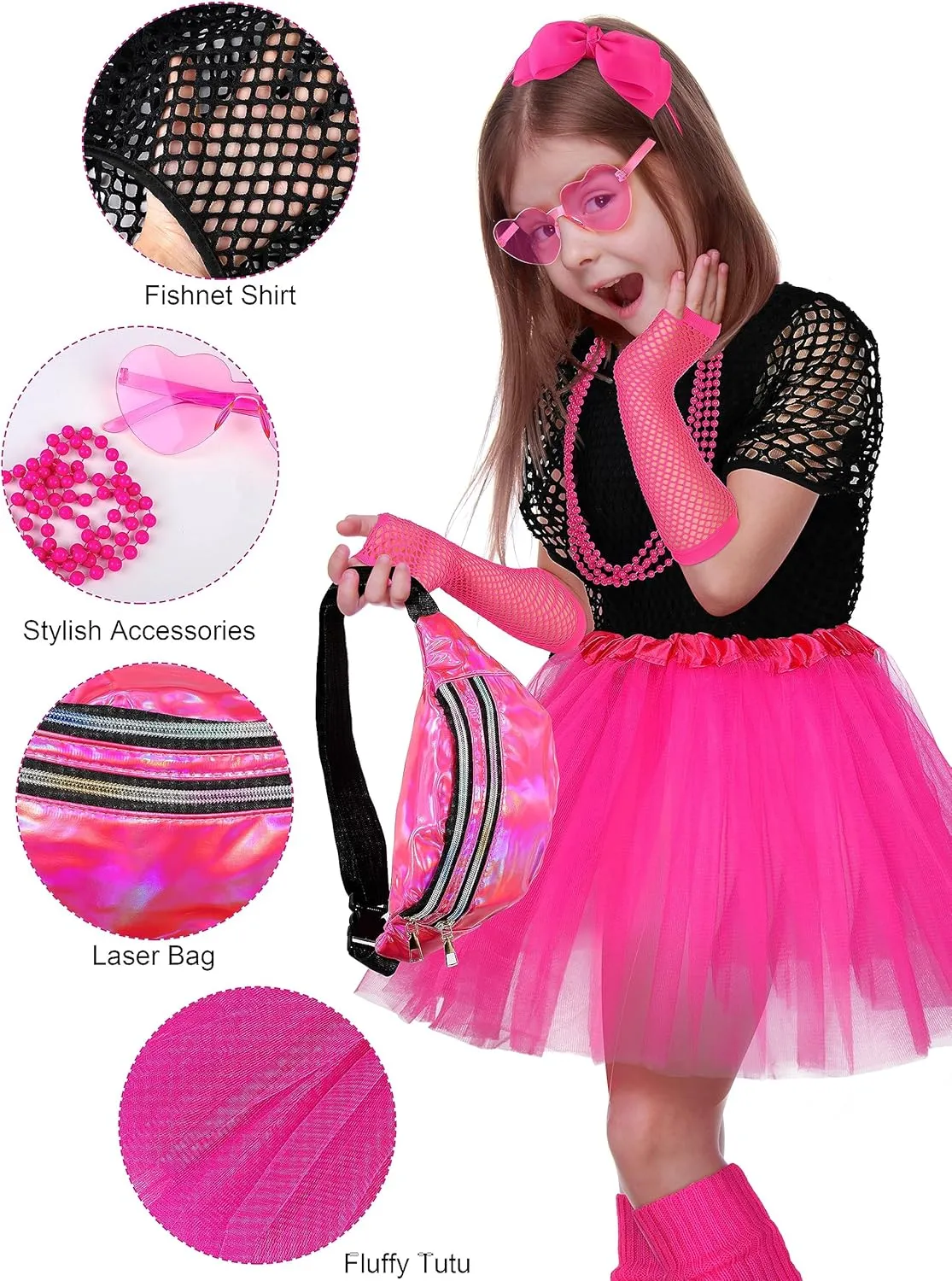 AOTHSO 14 Pieces Girls 80s Outfit Accessories Set Halloween Girls 80s Clothes Costume for Cosplay 1980s Party for Kids