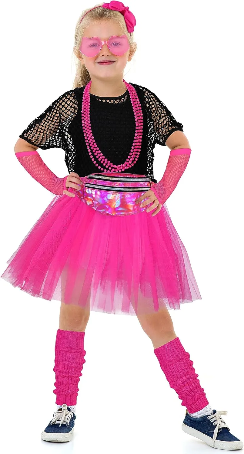 AOTHSO 14 Pieces Girls 80s Outfit Accessories Set Halloween Girls 80s Clothes Costume for Cosplay 1980s Party for Kids