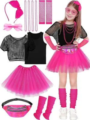AOTHSO 14 Pieces Girls 80s Outfit Accessories Set Halloween Girls 80s Clothes Costume for Cosplay 1980s Party for Kids