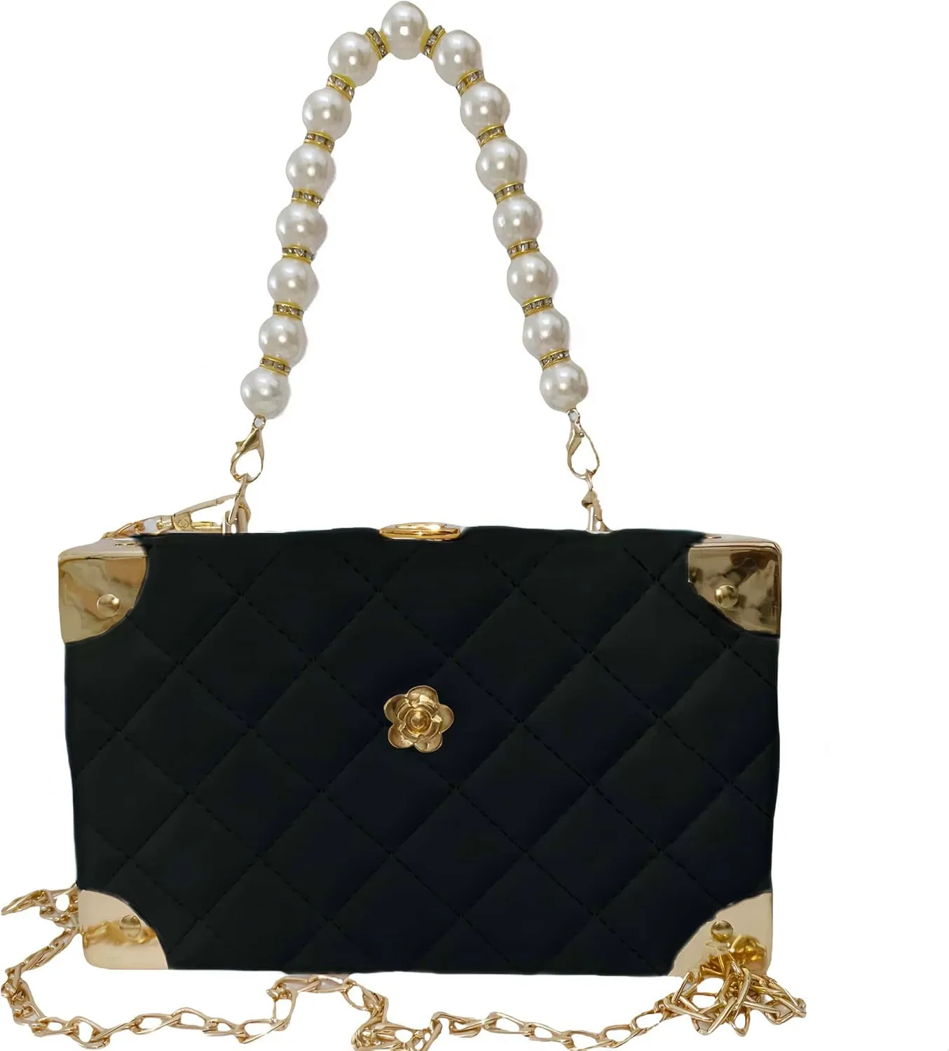 ARREBOL Small Cute Quilted Crossbody Purse with Pearl Handle and Chain for Women
