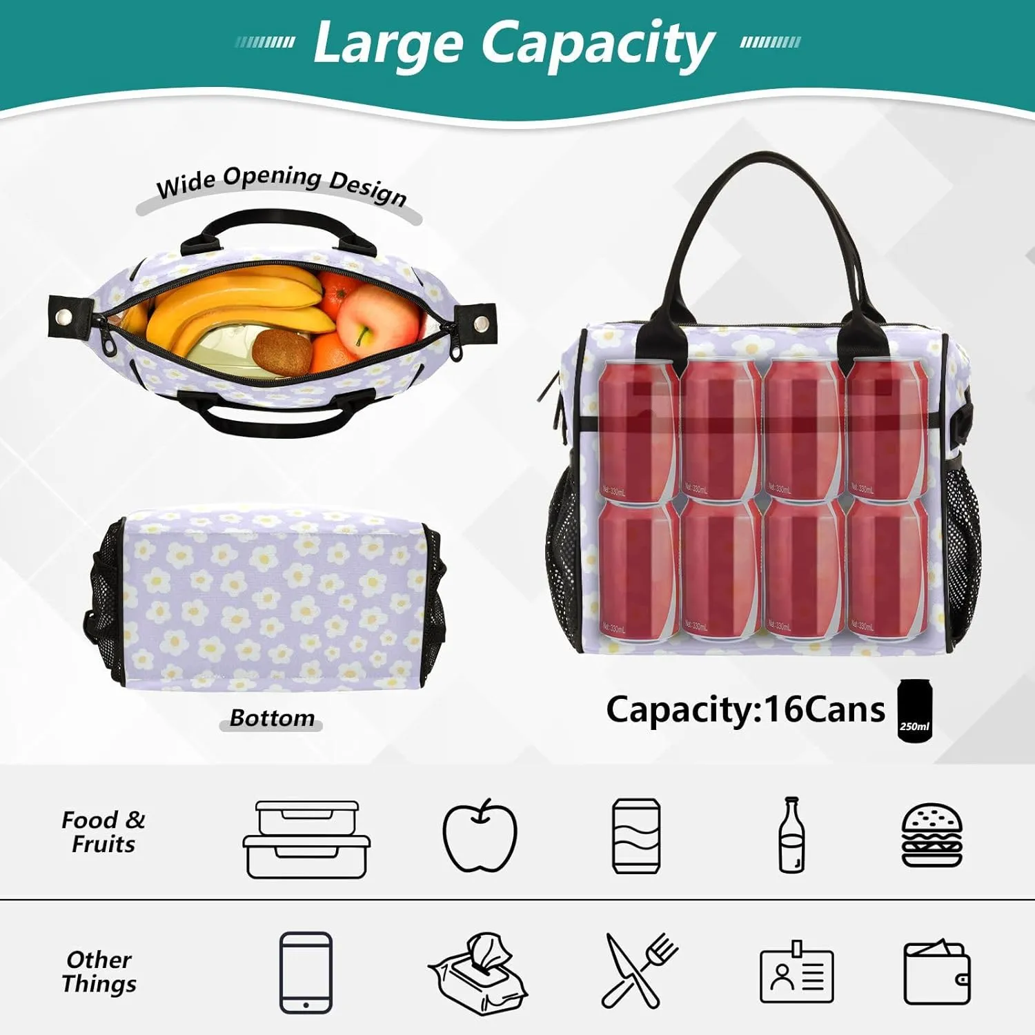 Aslsiy Cute Naive Art Flowers Insulated Lunch Bag Lunch Box for Women Lunch Tote Bag for Office Picnic M