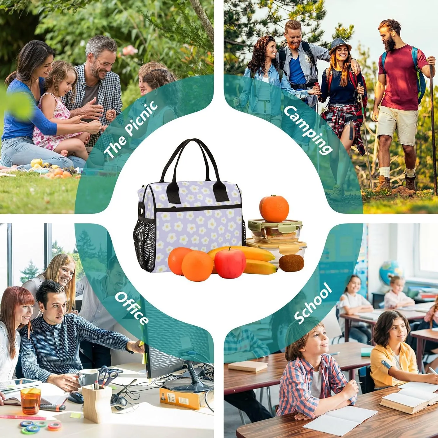 Aslsiy Cute Naive Art Flowers Insulated Lunch Bag Lunch Box for Women Lunch Tote Bag for Office Picnic M