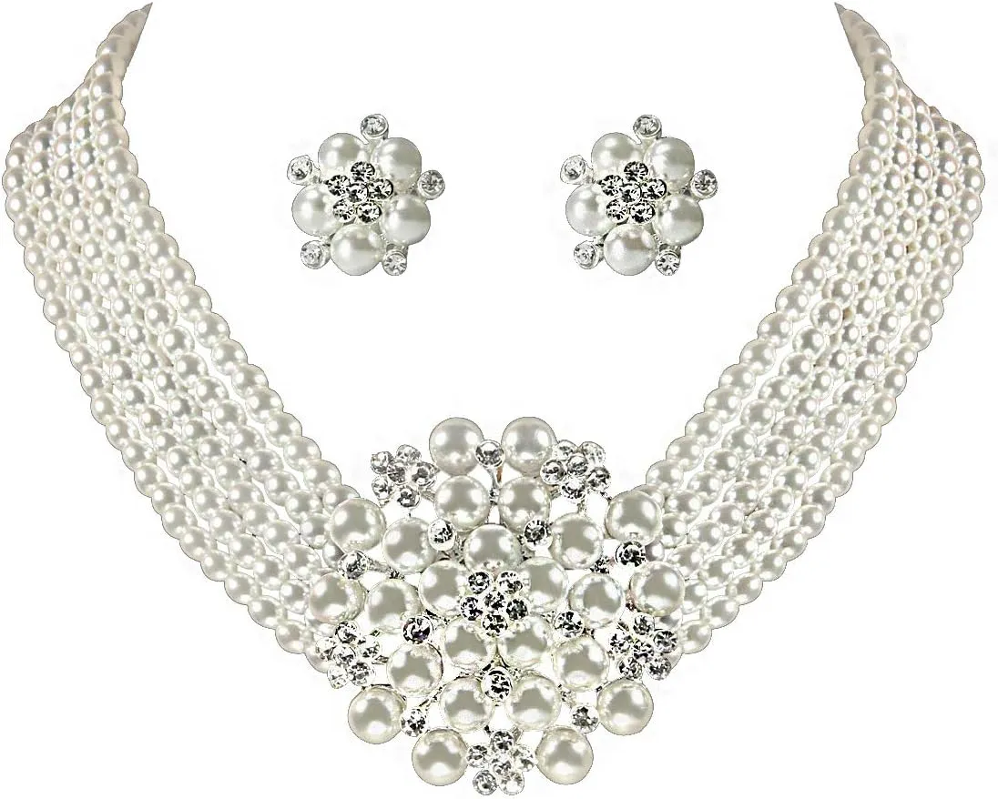 Audrey Hepburn Style Faux Pearl Necklace Set Strand Ear clip or Stud Pin on Earrings for selection Wedding Inspired by Breakfast at Tiffany's for Women LFFJ036