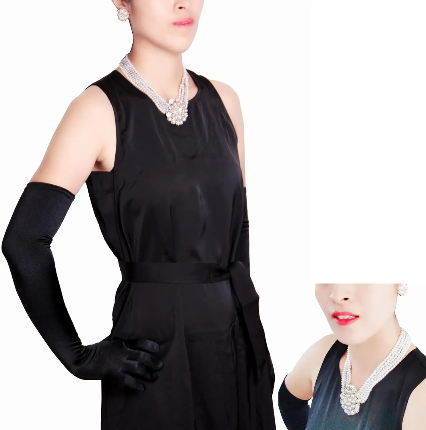 Audrey Hepburn Style Faux Pearl Necklace Set Strand Ear clip or Stud Pin on Earrings for selection Wedding Inspired by Breakfast at Tiffany's for Women LFFJ036