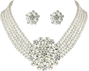 Audrey Hepburn Style Faux Pearl Necklace Set Strand Ear clip or Stud Pin on Earrings for selection Wedding Inspired by Breakfast at Tiffany's for Women LFFJ036