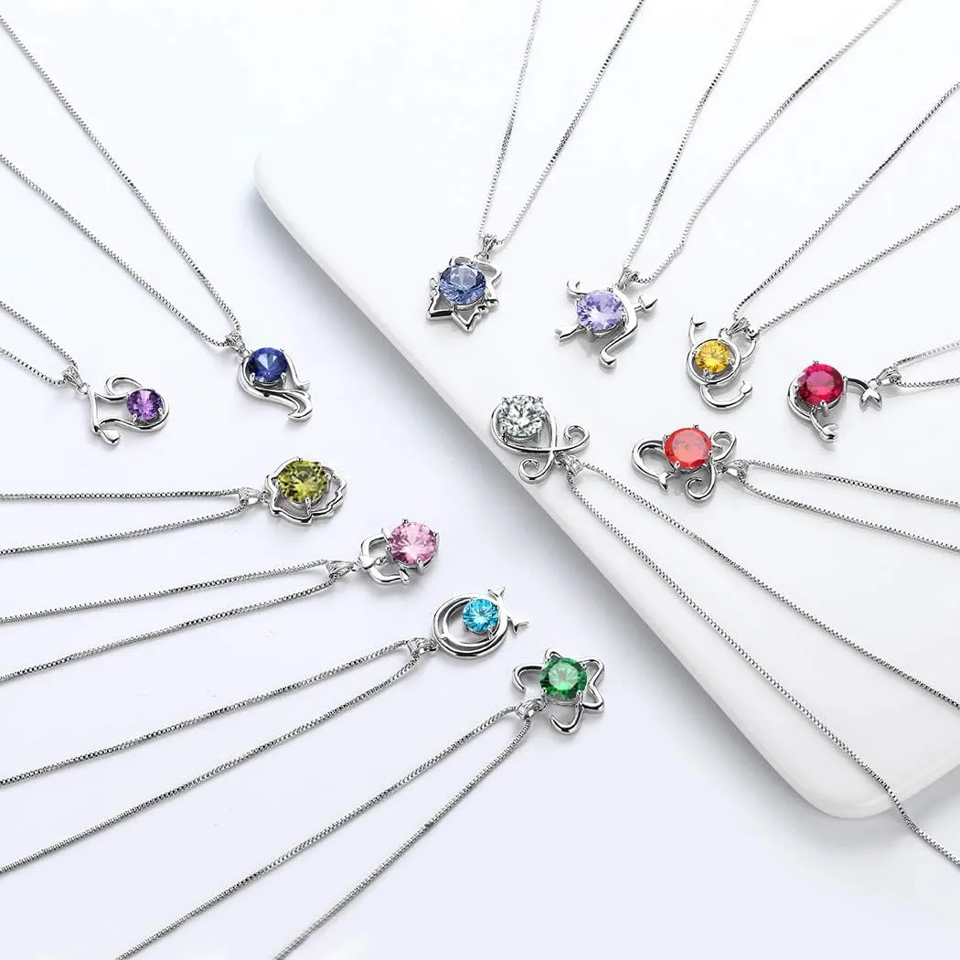 Aurora Tears Zodiac Constellation Necklaces Women 925 Sterling Silver Crystal Birthstone Pendant Cubic Zirconia Birth Jewelry Charm Dating Jewelry