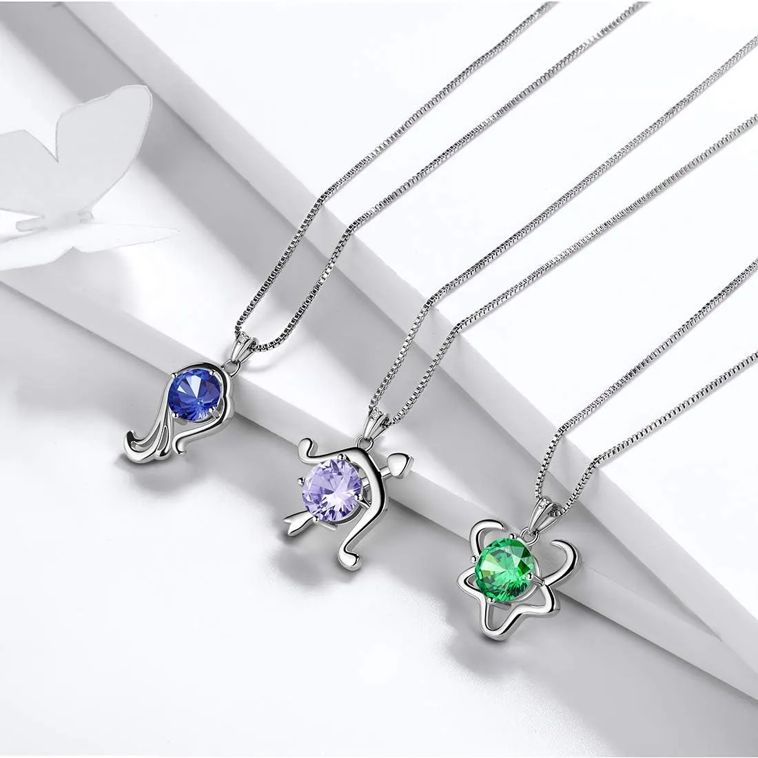 Aurora Tears Zodiac Constellation Necklaces Women 925 Sterling Silver Crystal Birthstone Pendant Cubic Zirconia Birth Jewelry Charm Dating Jewelry