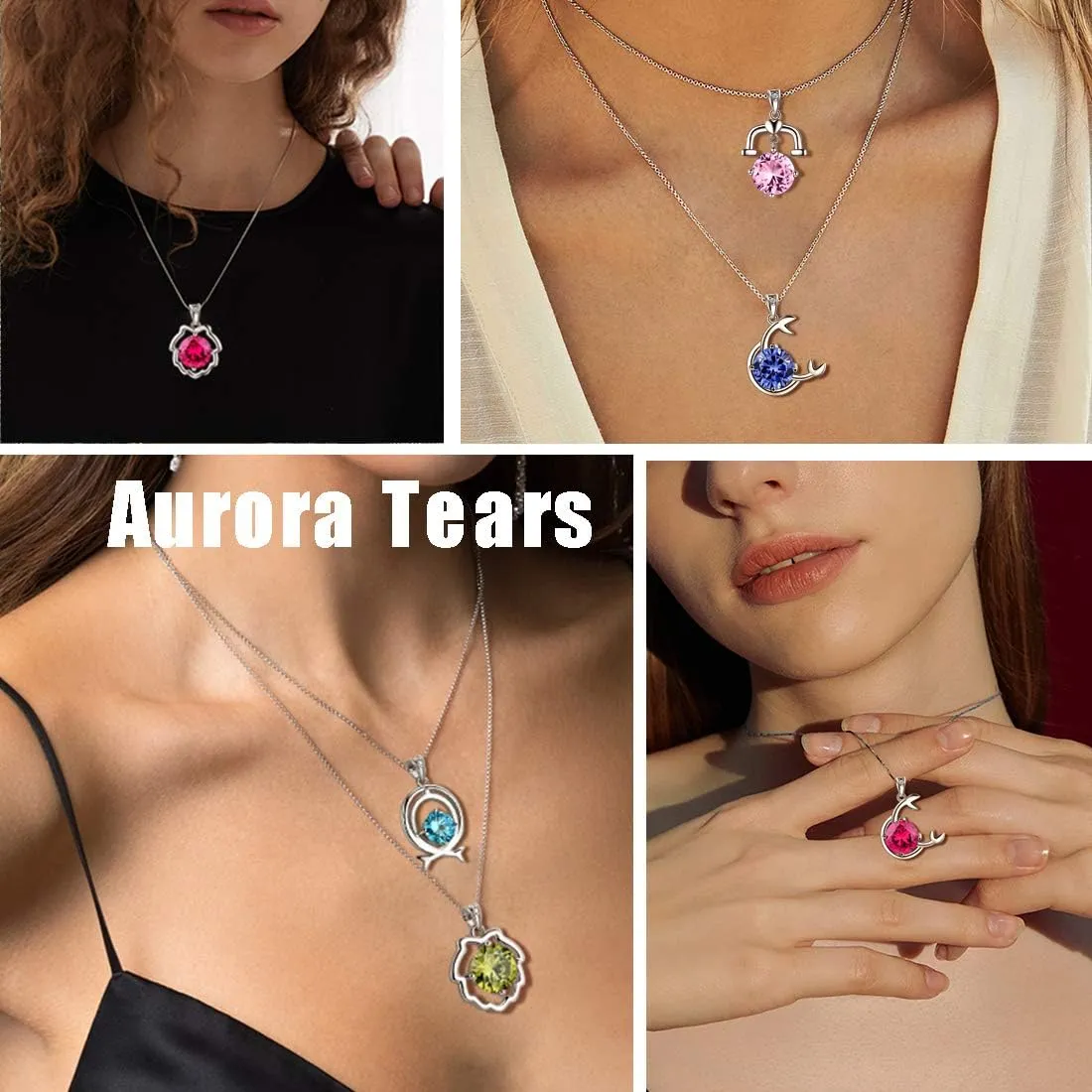 Aurora Tears Zodiac Constellation Necklaces Women 925 Sterling Silver Crystal Birthstone Pendant Cubic Zirconia Birth Jewelry Charm Dating Jewelry