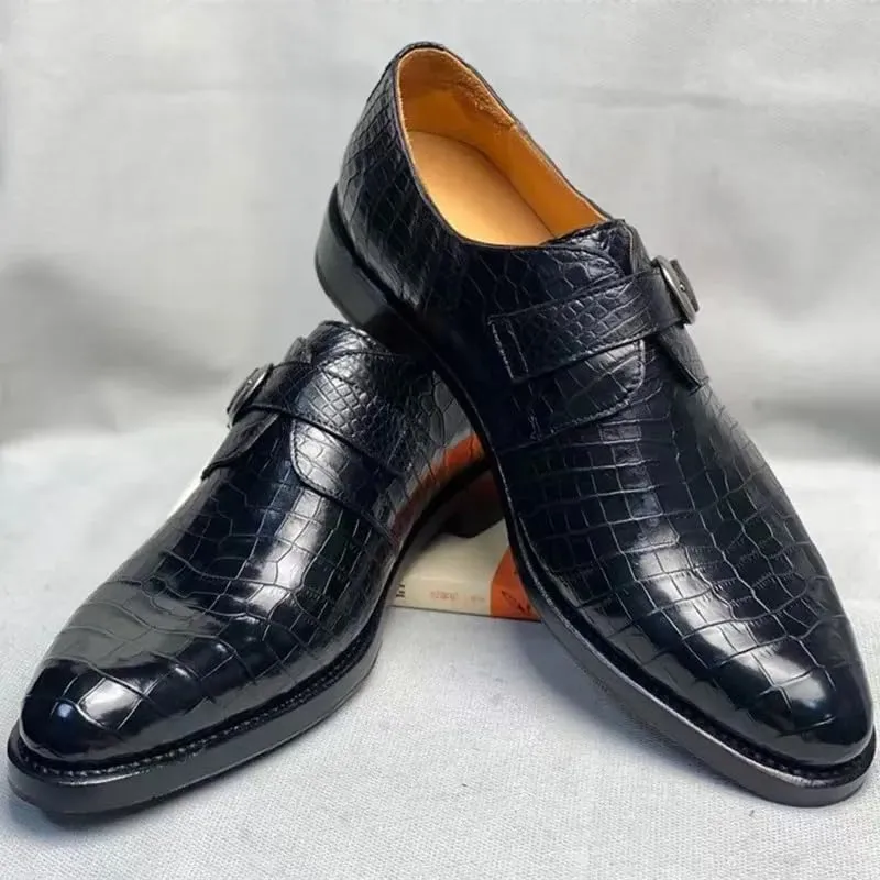 Authentic Real Crocodile Skin Businessmen Black Brown Dress Shoes Genuine Exotic Alligator Leather Male Monk Strap Dress Oxfords