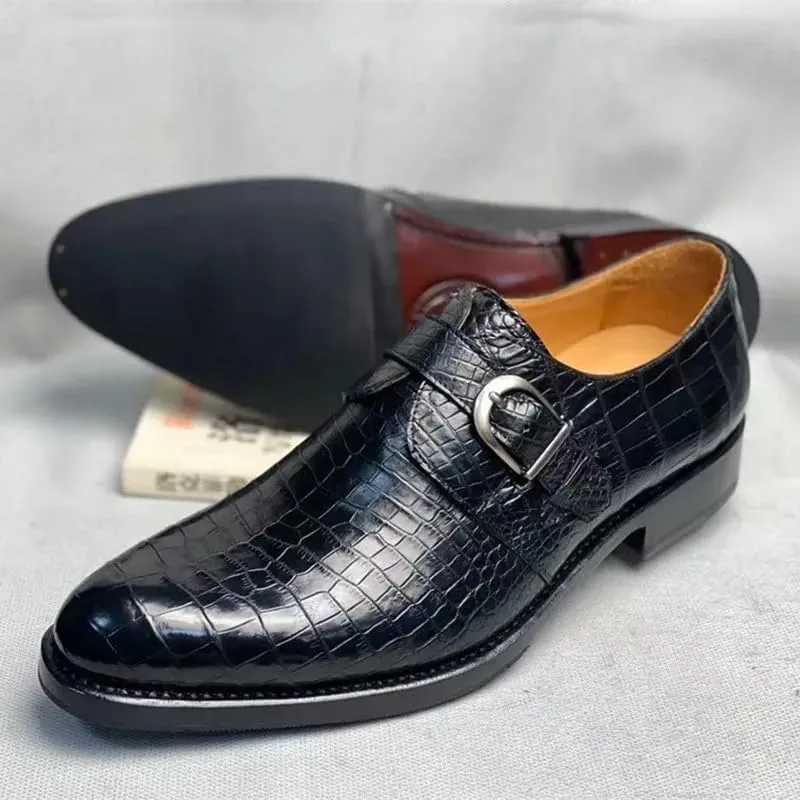 Authentic Real Crocodile Skin Businessmen Black Brown Dress Shoes Genuine Exotic Alligator Leather Male Monk Strap Dress Oxfords