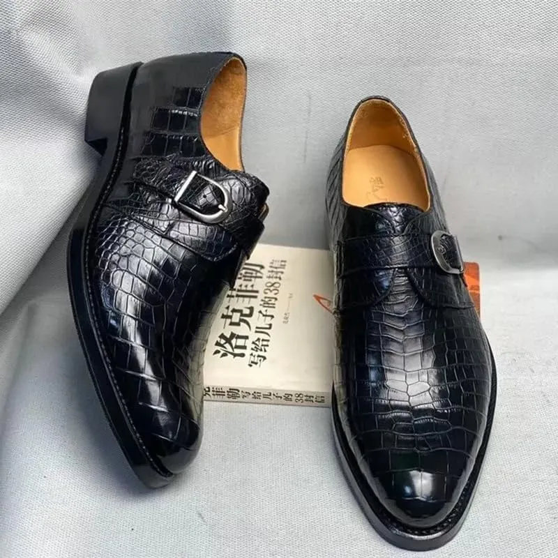 Authentic Real Crocodile Skin Businessmen Black Brown Dress Shoes Genuine Exotic Alligator Leather Male Monk Strap Dress Oxfords