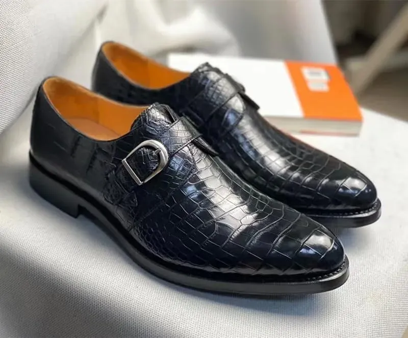 Authentic Real Crocodile Skin Businessmen Black Brown Dress Shoes Genuine Exotic Alligator Leather Male Monk Strap Dress Oxfords