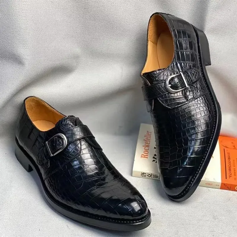 Authentic Real Crocodile Skin Businessmen Black Brown Dress Shoes Genuine Exotic Alligator Leather Male Monk Strap Dress Oxfords