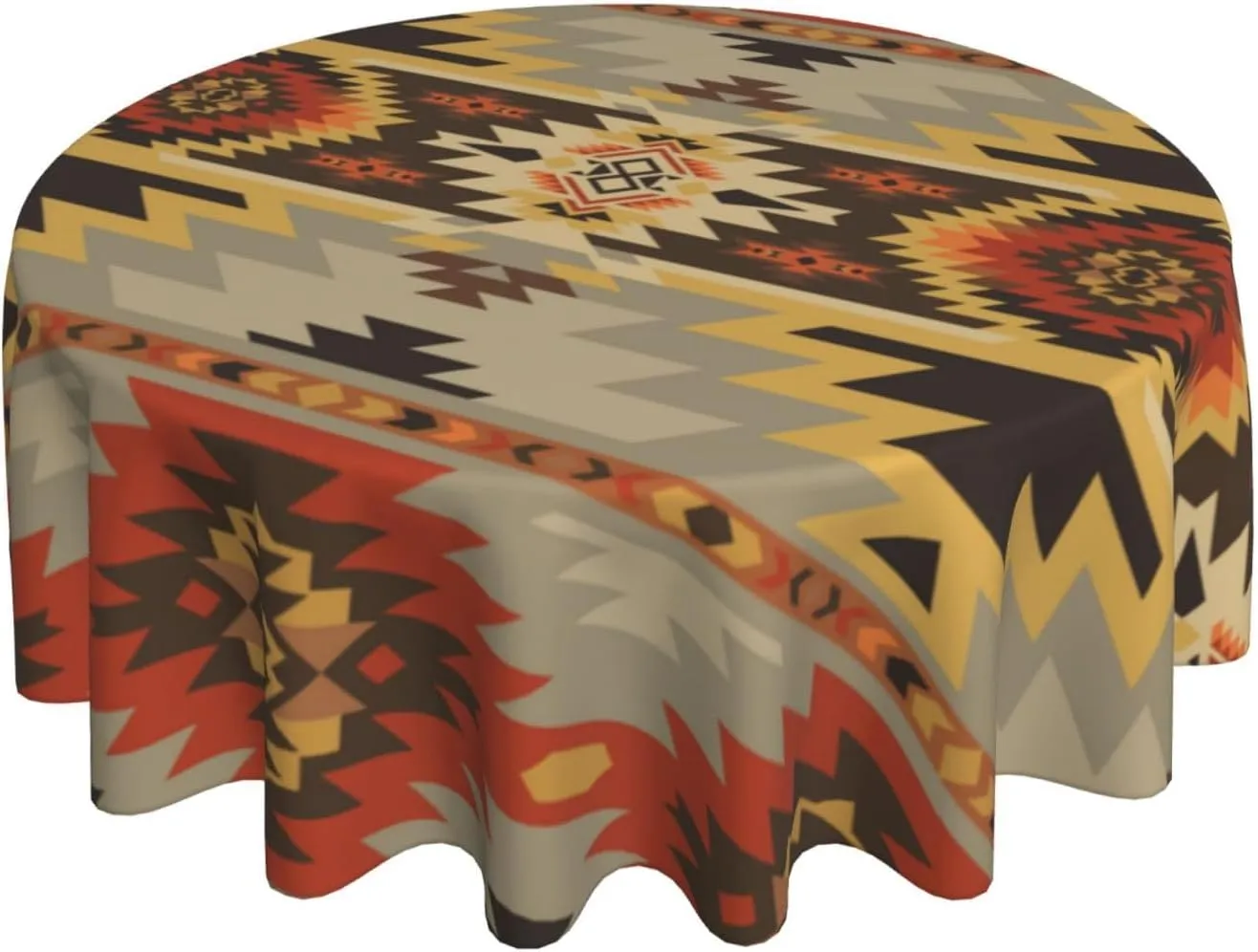 Aztec Round Tablecloth with Retro Geometric Pattern - American Southwest Native Aztec Indian Bohemian Style for Kitchen - 36" Round