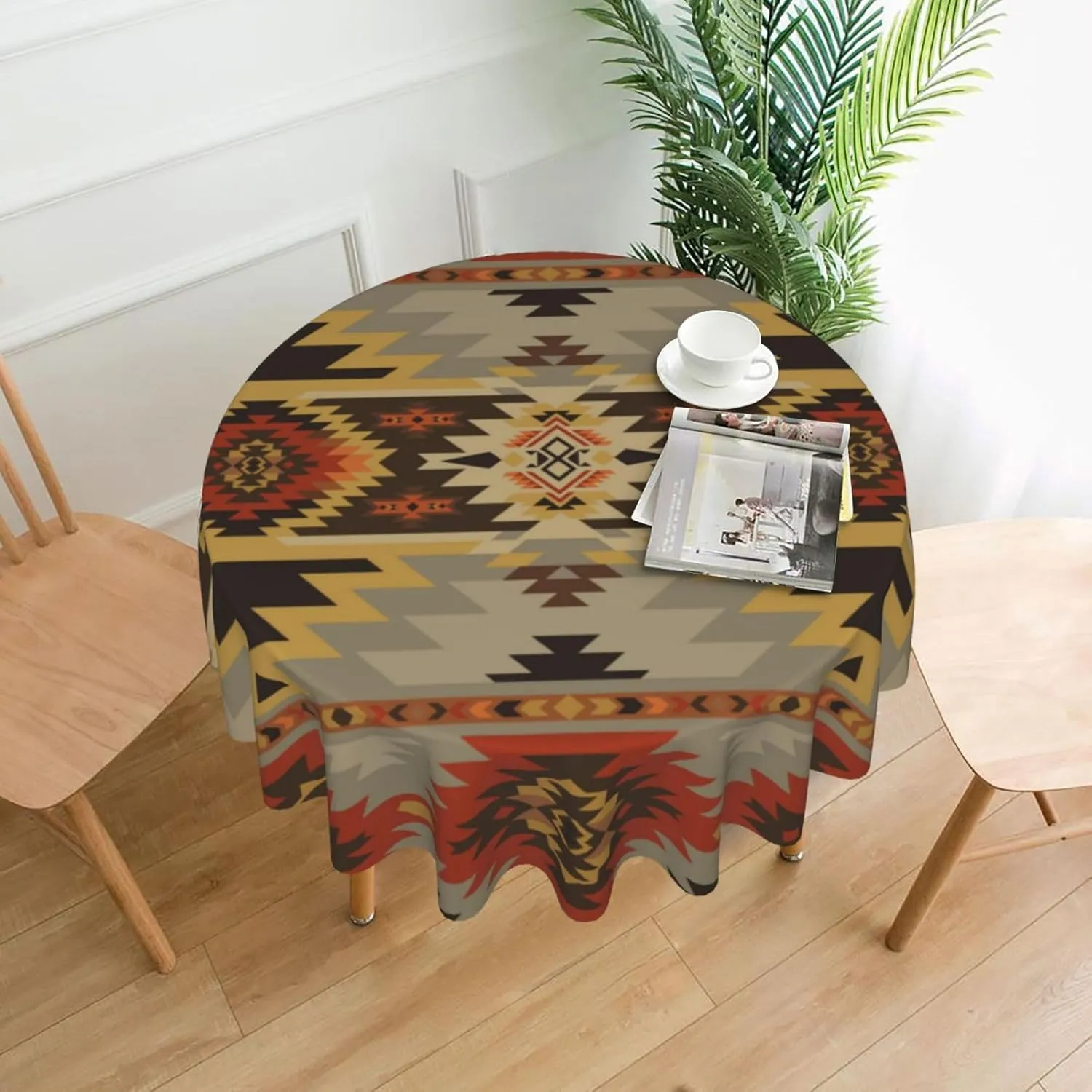 Aztec Round Tablecloth with Retro Geometric Pattern - American Southwest Native Aztec Indian Bohemian Style for Kitchen - 36" Round