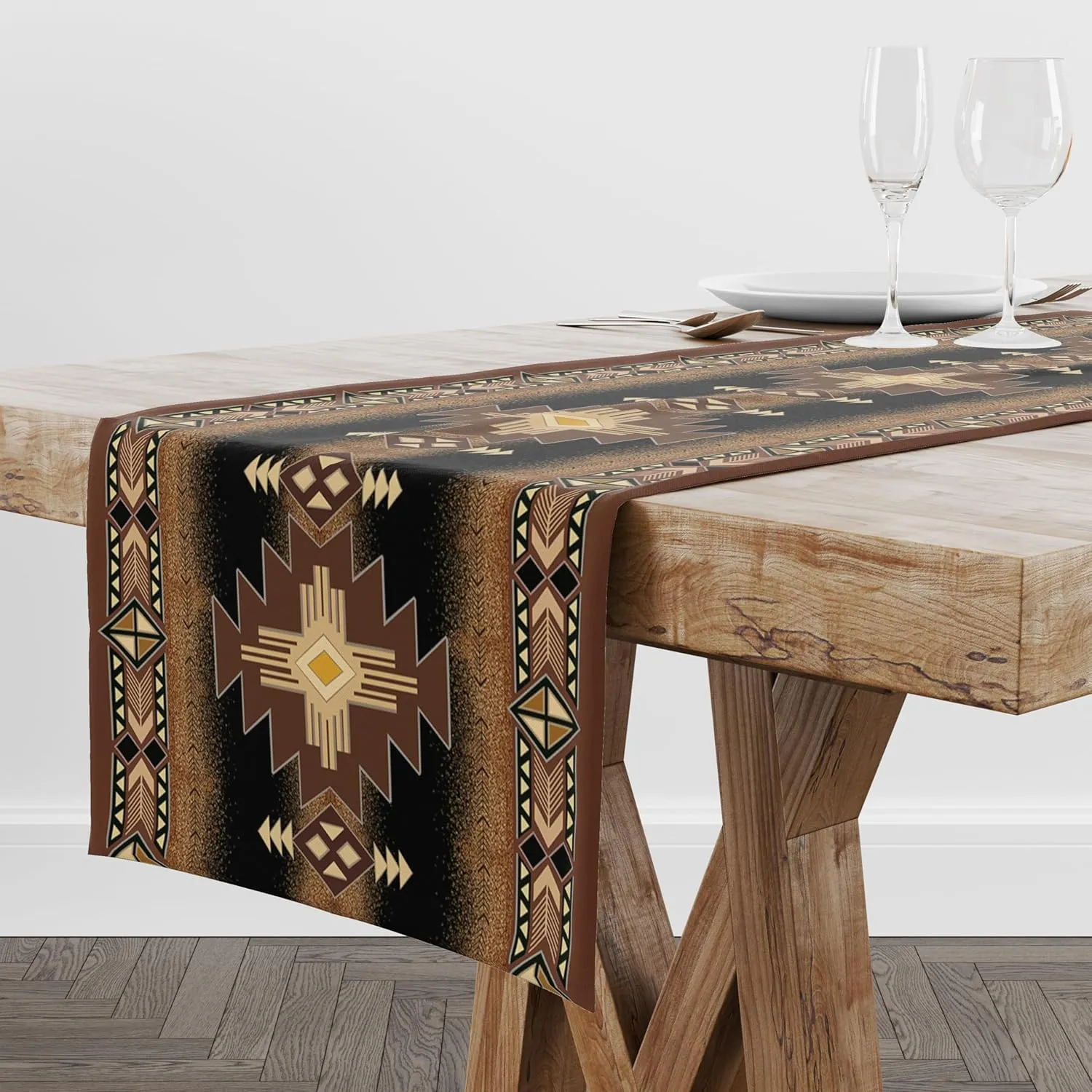 Aztec Southwestern Native Design Table Runner Cloth,Bohemian Tribal Ethnic Vintage Geometric Pattern Home Kitchen Living Room Tablecloth Table Flag,72X13inch