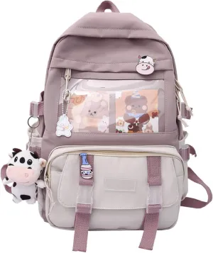 Backpack with Cute Pin Accessories Plush Pendant Lovely Pastel Rucksack for School Bag Student Teen Girls Aesthetic Student Bookbags Super-Capacity Waterproof Travel Backpack(Purse-4)