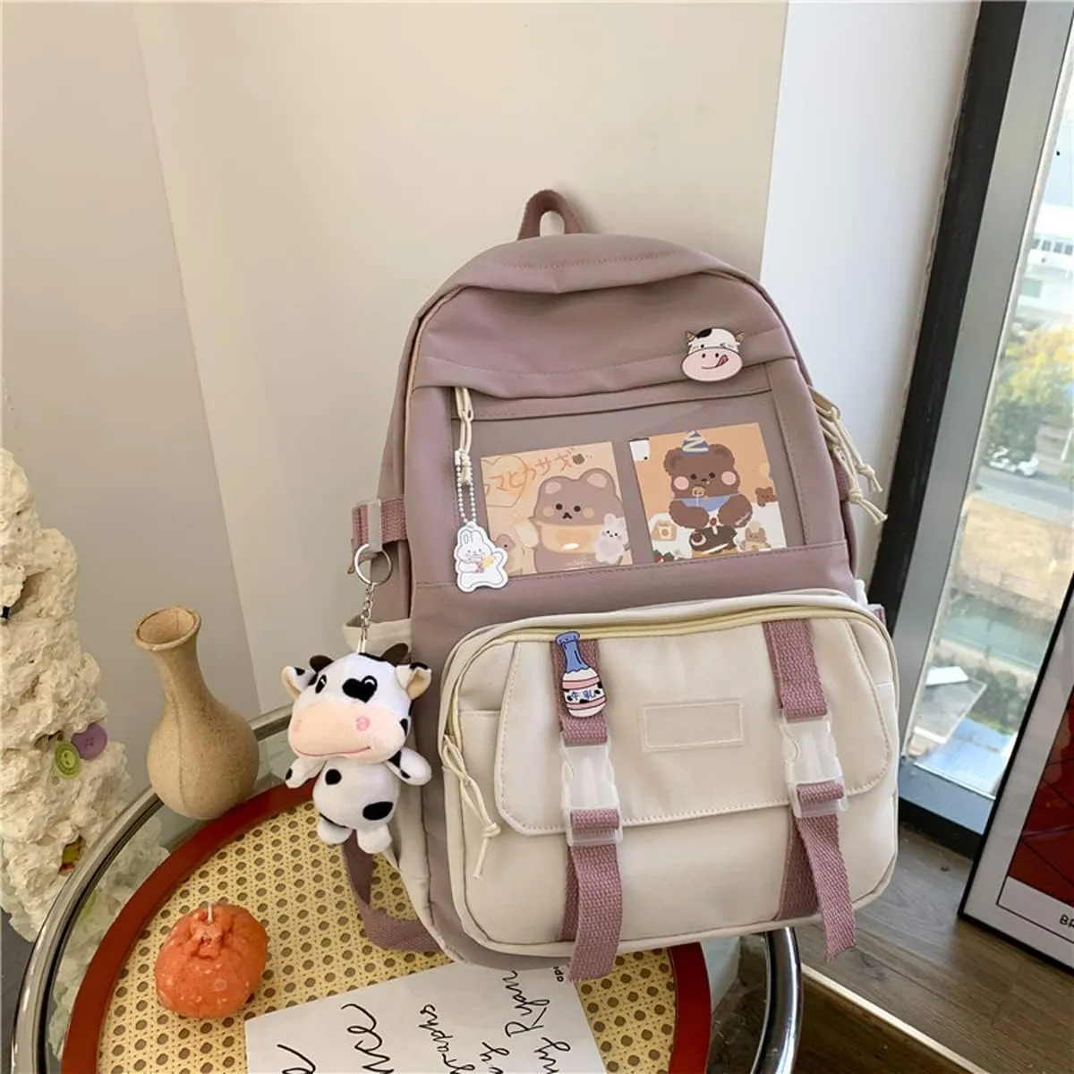 Backpack with Cute Pin Accessories Plush Pendant Lovely Pastel Rucksack for School Bag Student Teen Girls Aesthetic Student Bookbags Super-Capacity Waterproof Travel Backpack(Purse-4)