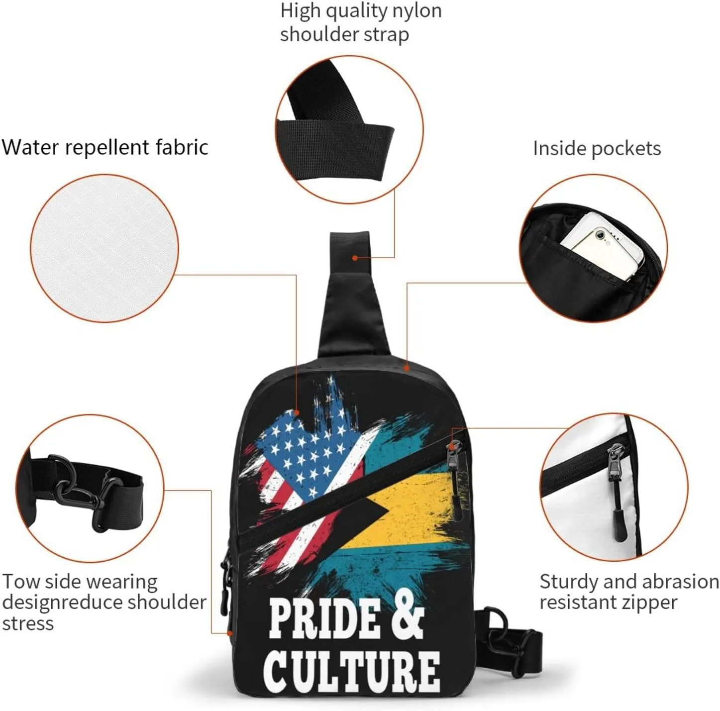 Bahamian America Flag Portable Crossbody Bag Foldable Sling Bags Sports Gym Chest Daypack Reusable Shoulder Backpack Casual Diagonally Rucksack Fanny Packs