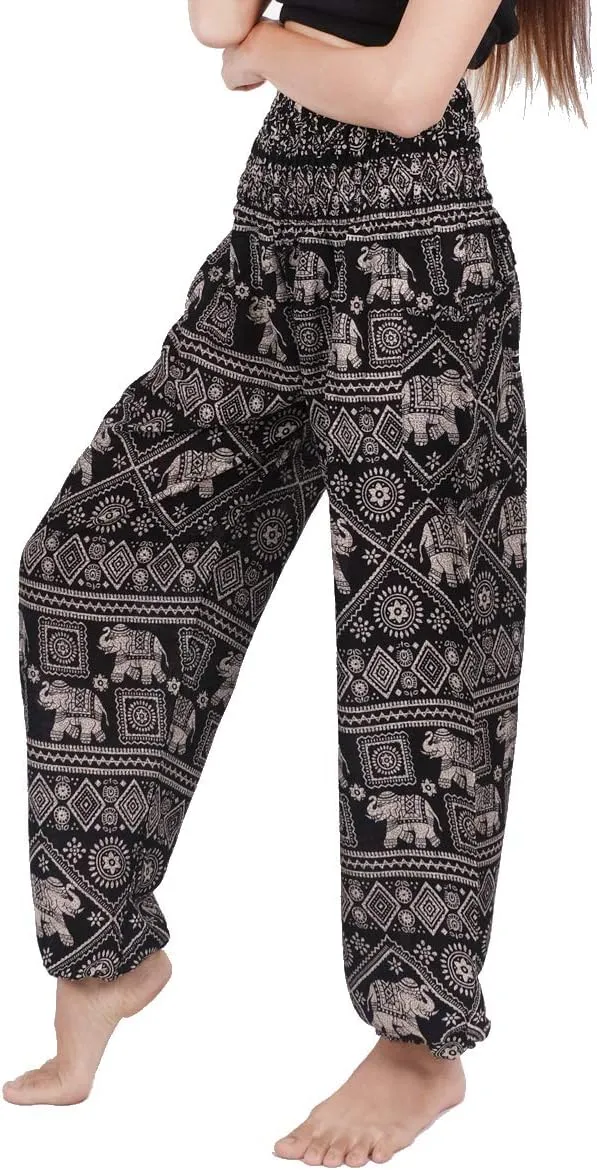 Banjamath® Women's Smocked Waist Harem Hippie Boho Yoga Palazzo Casual Pants