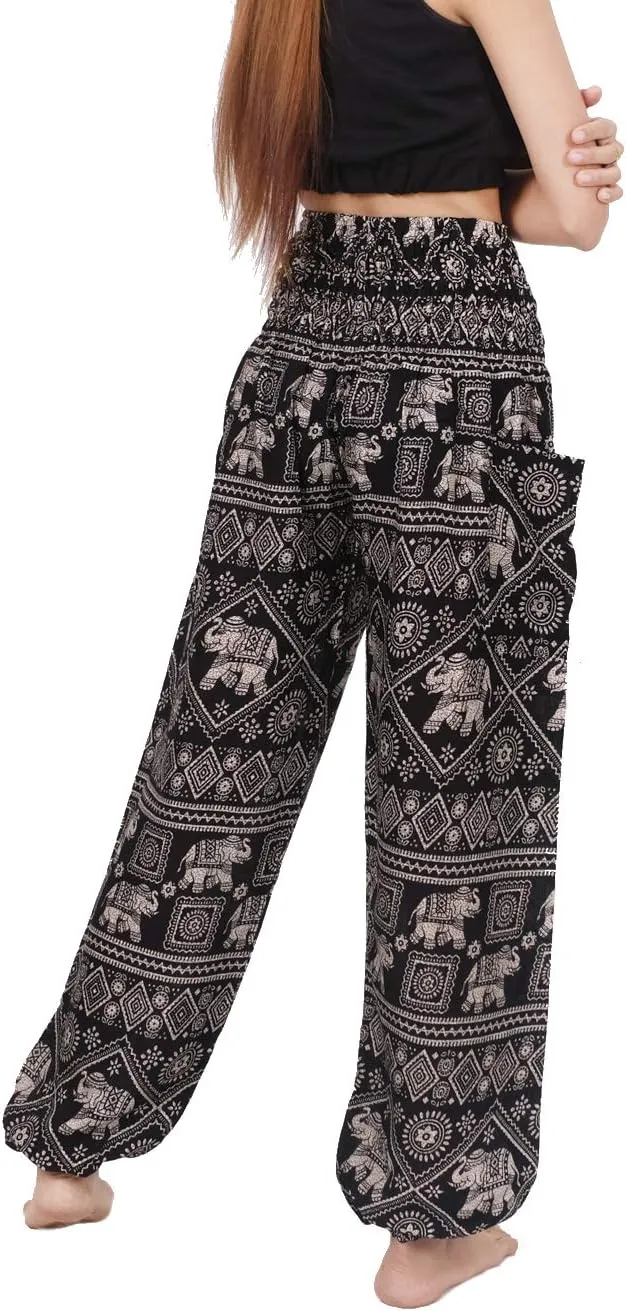Banjamath® Women's Smocked Waist Harem Hippie Boho Yoga Palazzo Casual Pants