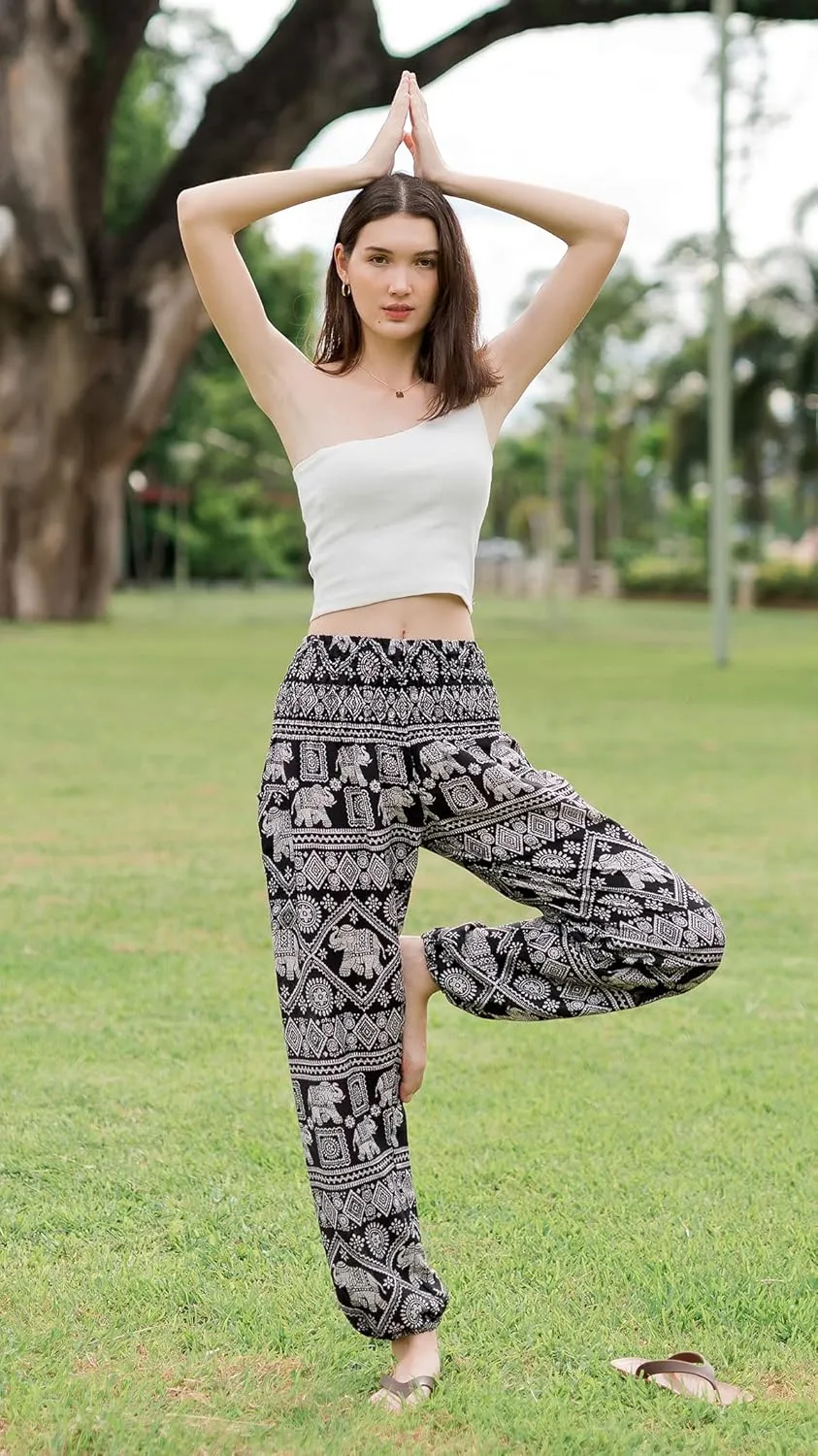 Banjamath® Women's Smocked Waist Harem Hippie Boho Yoga Palazzo Casual Pants