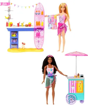 Barbie Playset & 2 Dolls with 20  Accessories, Beach Boardwalk Set Includes Snack Stand, Ice Cream Kiosk, Puppy & Themed Pieces