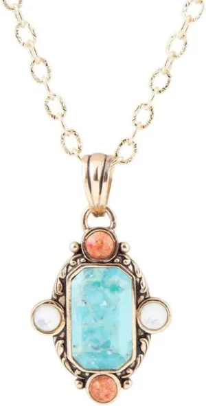 Barse Jewelry Champs Blue Turquoise and Orange Coral Golden Pendant Necklace