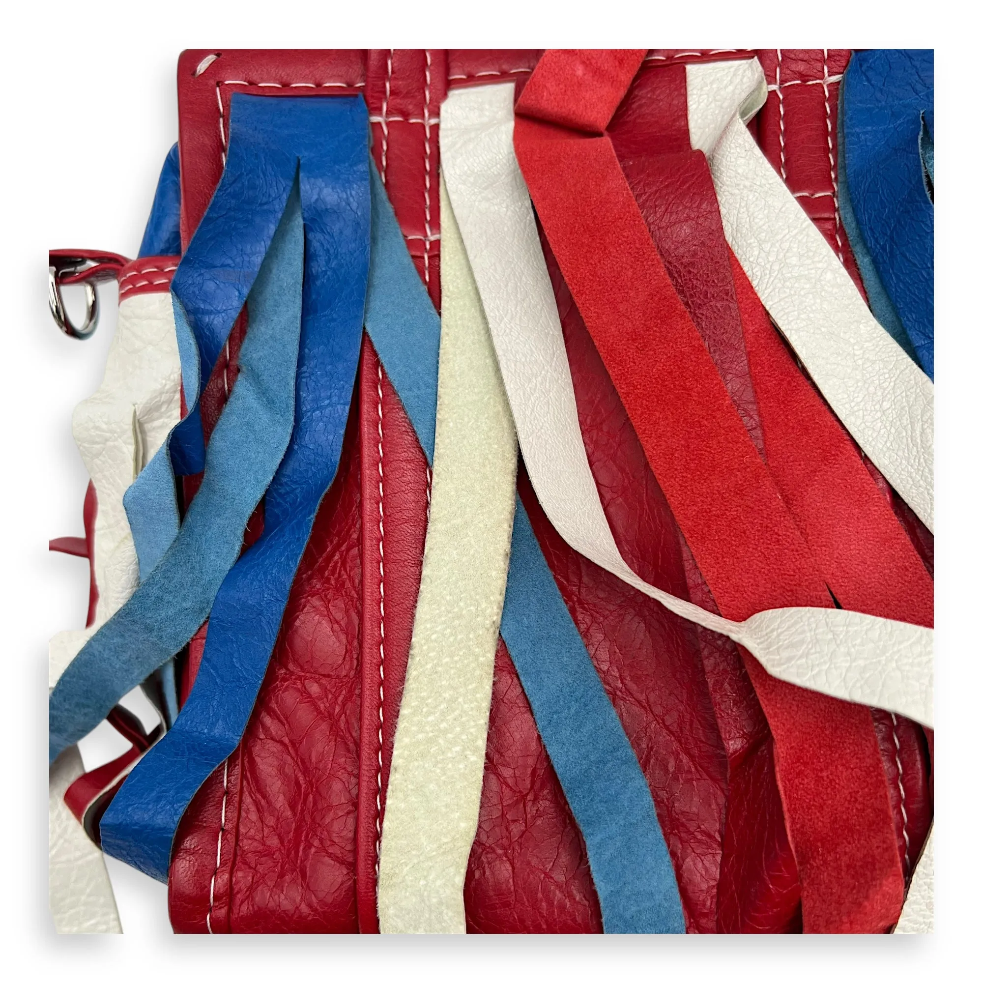 Bazar Fringe Detailed Multi-colour Tote Bag in Distressed Leather, Silver hardware