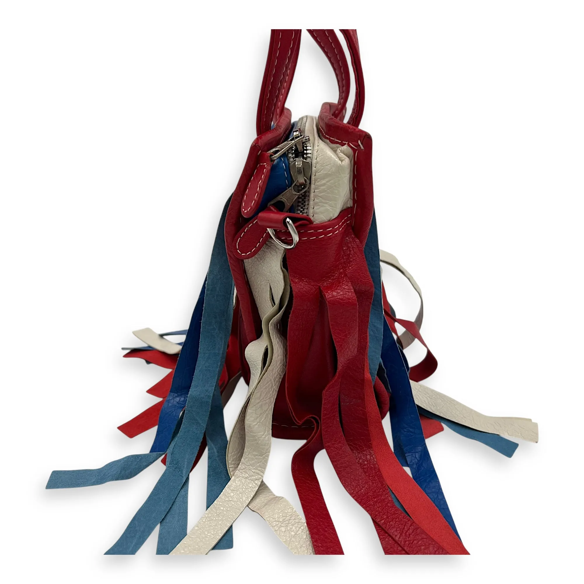 Bazar Fringe Detailed Multi-colour Tote Bag in Distressed Leather, Silver hardware