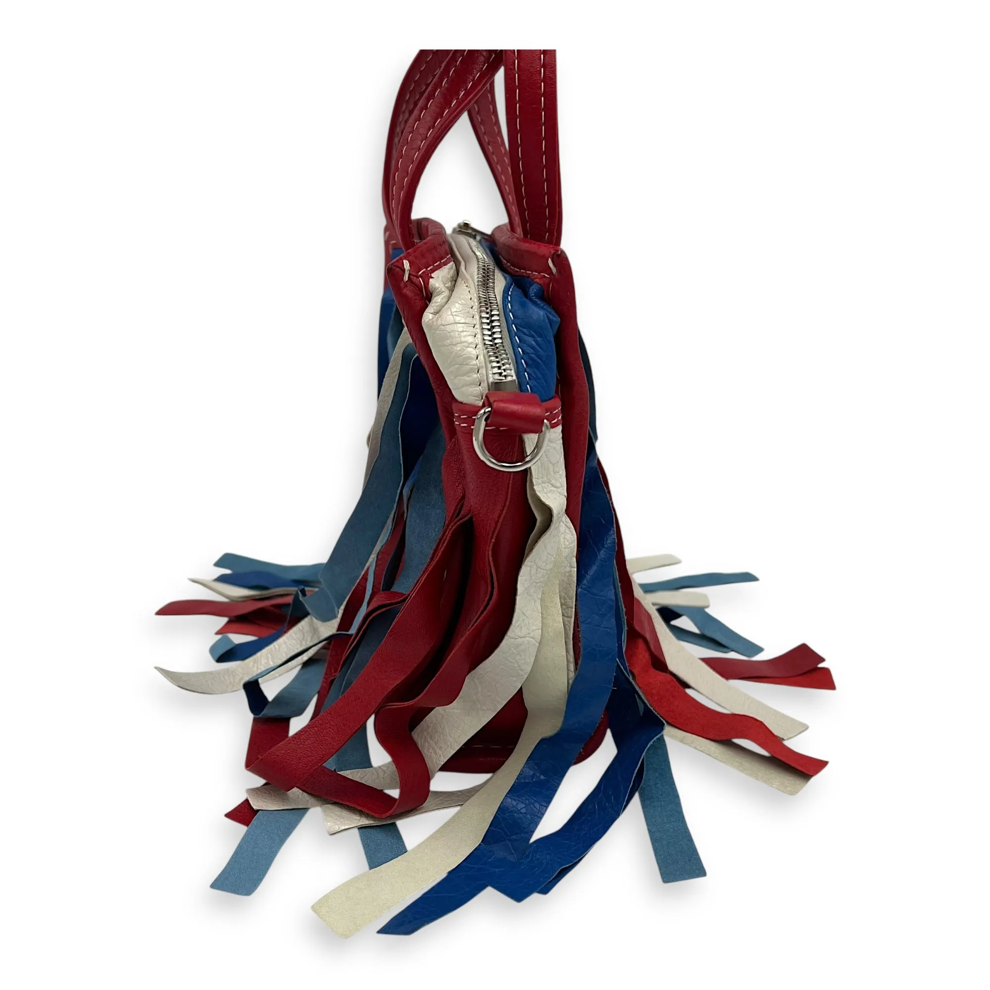 Bazar Fringe Detailed Multi-colour Tote Bag in Distressed Leather, Silver hardware