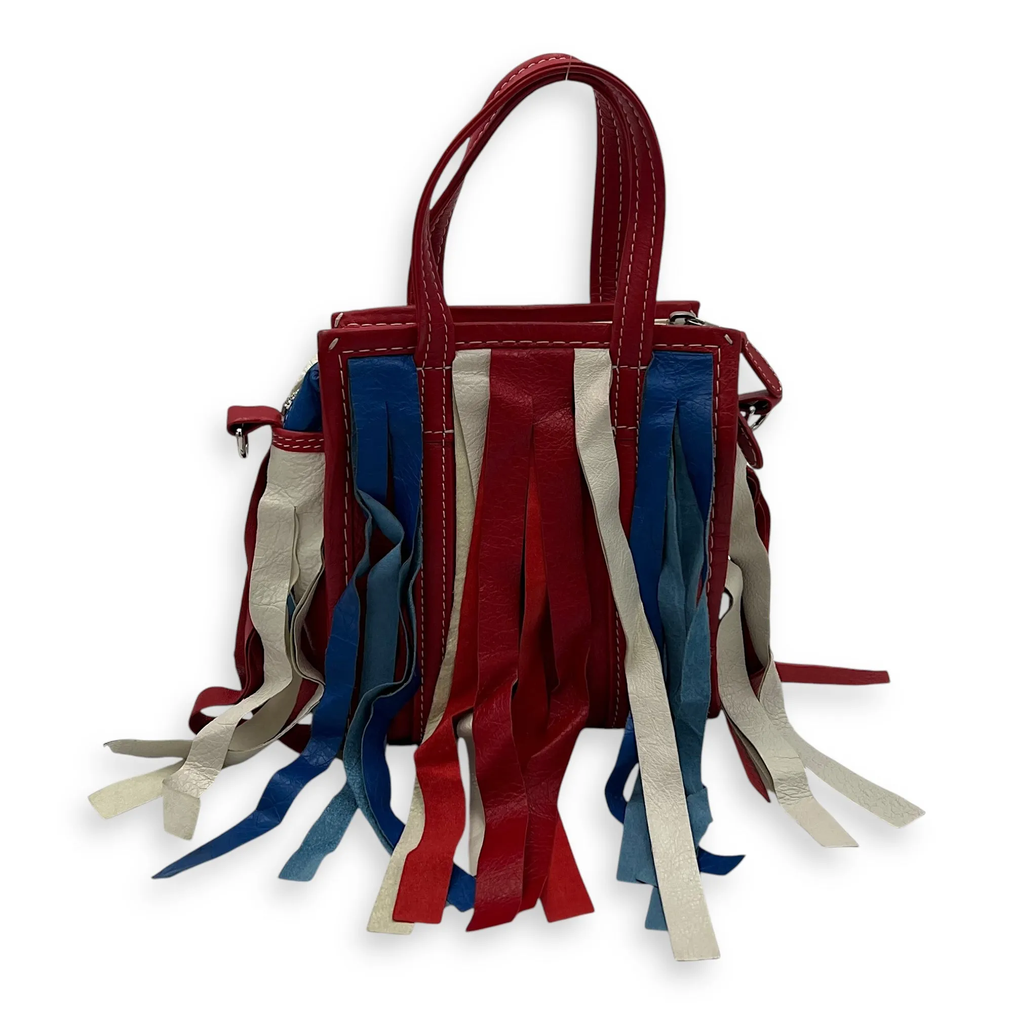Bazar Fringe Detailed Multi-colour Tote Bag in Distressed Leather, Silver hardware