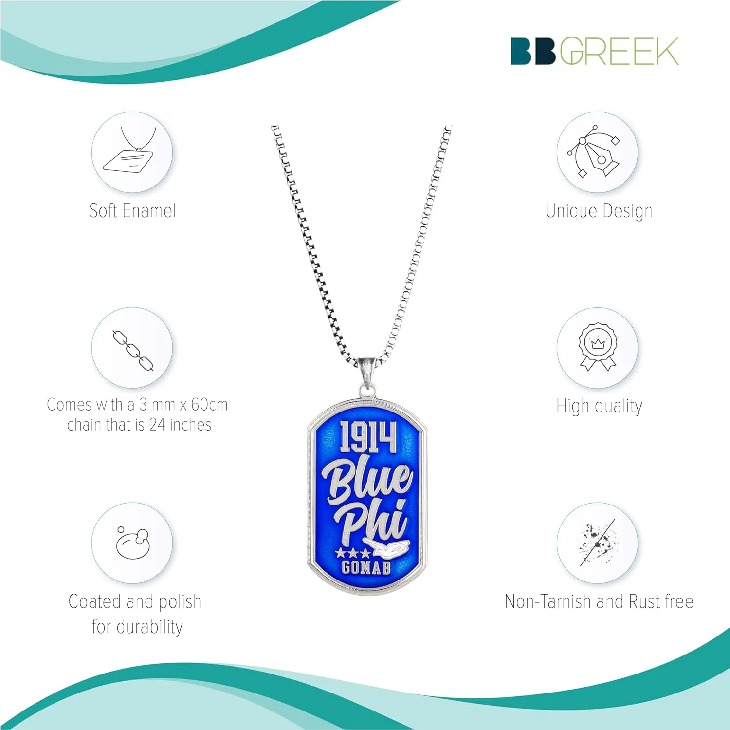 BBGreek Phi Beta Sigma Paraphernalia - Dog Tag Pendant Necklace with 24 Inch Rope Chain - Fraternity Gift Accessories for Men - Officially Licensed