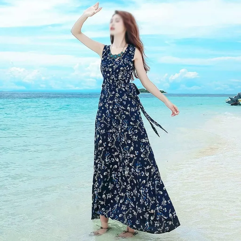 Beach Dresses Bohemian Dress Slim Print Dress Seaside Holiday Beach Skirt Bikini(S Code)