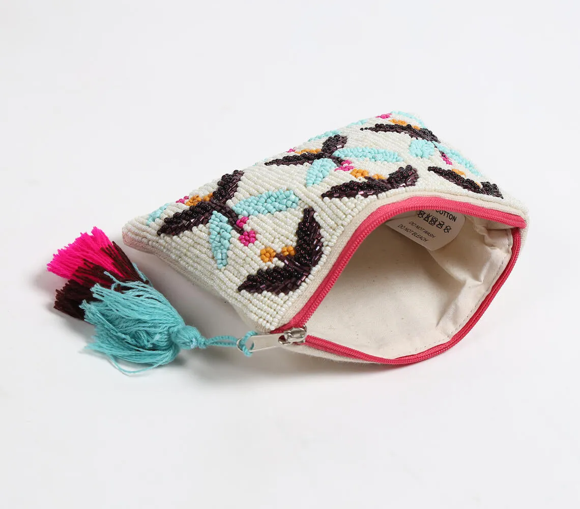 Bead-Embroidered Tasseled Pouch