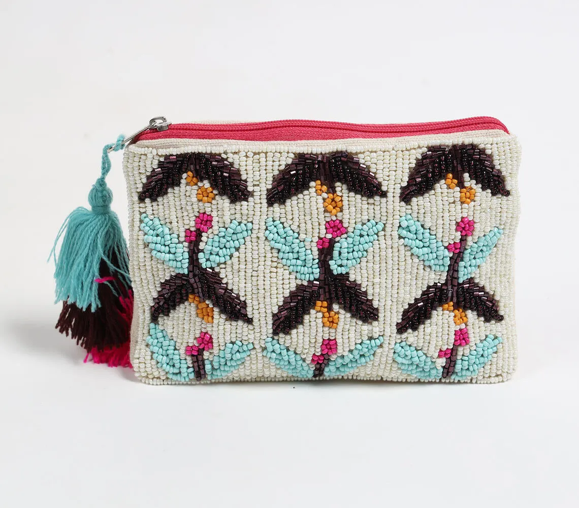 Bead-Embroidered Tasseled Pouch