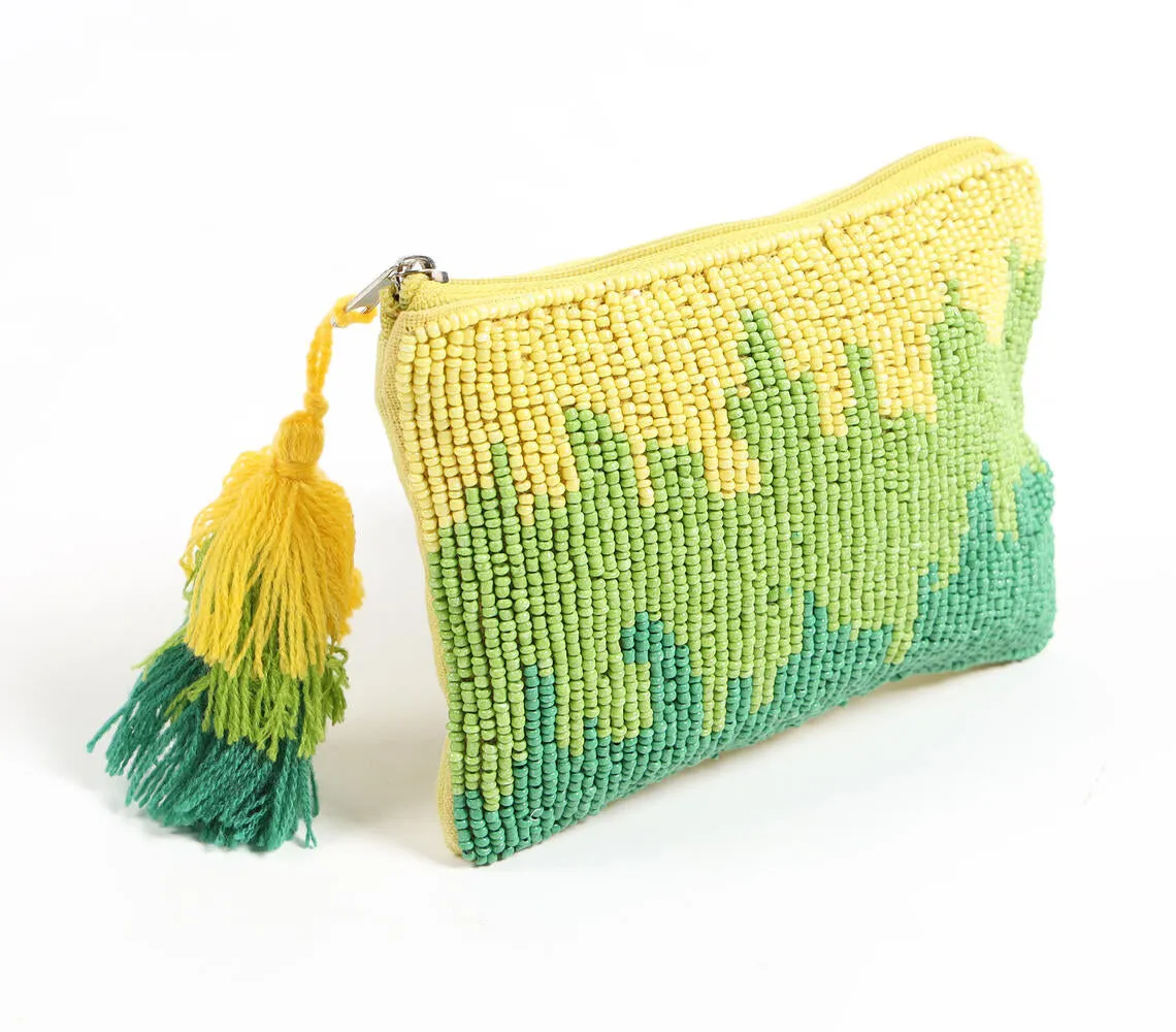 Beaded & Tasseled Green Ombre Pouch